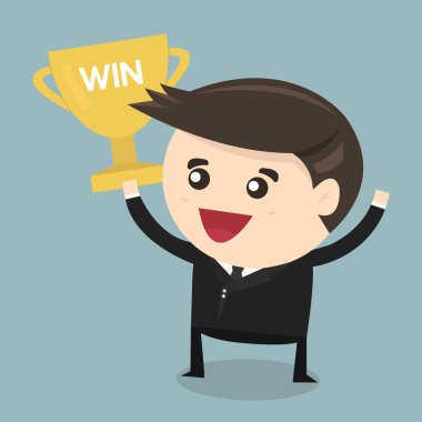 Kazanan kupa, düz tasarım tutan işadamı