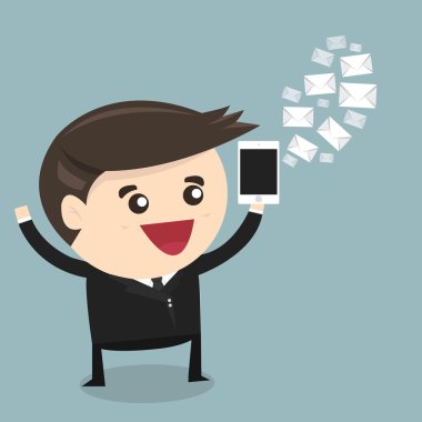 İşadamı smartphone, düz tasarımı, vektör iletileri gönderme