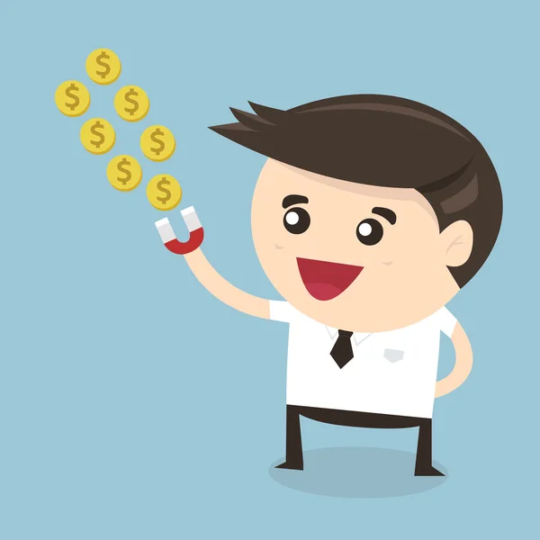Un homme d'affaires tient un aimant attirant de l'argent. concept d'entreprise heureux — Image vectorielle