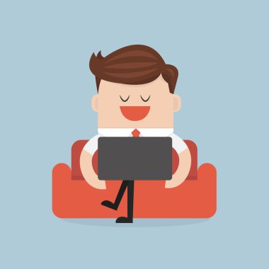 Kanepe bilgisayar notebook ile iş adamı. düz tasarım. VEC