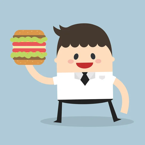 Podnikatel drží Burger vektor, plochý design — Stockový vektor