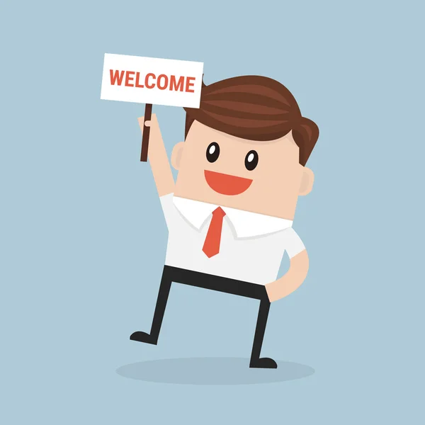Businesswoman holding welcome sign. Vector. flat design — Stock Vector
