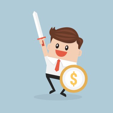 Bir para kalkanı ve kılıcı taşıyan işadamı.