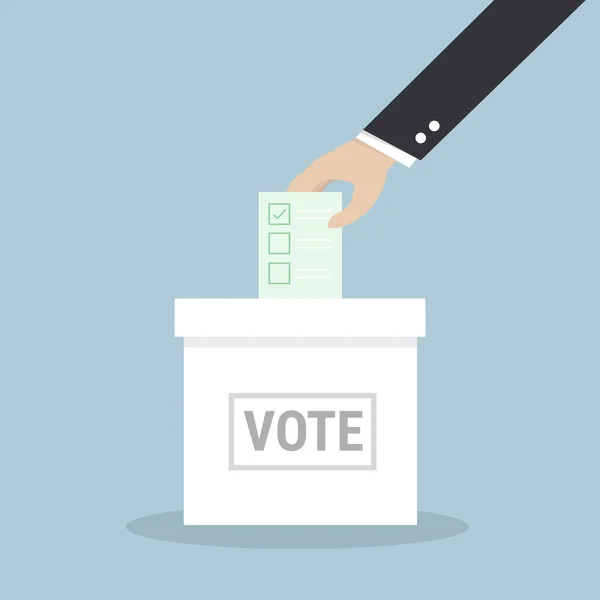 Empresario a mano poniendo papel de votación en las urnas . — Vector de stock