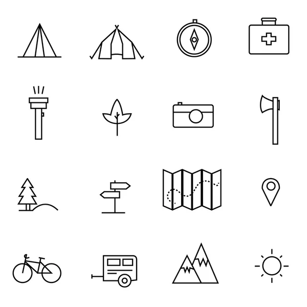 Camping, Senderismo, Naturaleza y actividades al aire libre iconos — Vector de stock