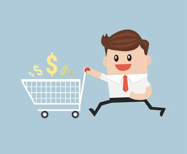 Businessman with empty shopping cart, ready for shopping — Stock Vector