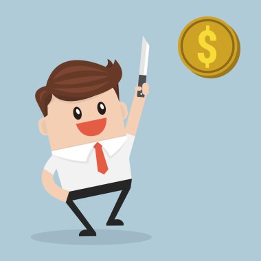 bir altın sikke bıçakla takip işadamı.