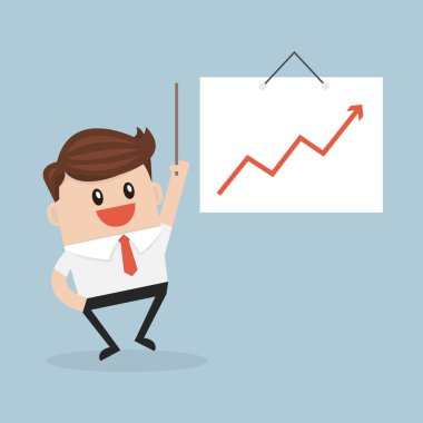 işadamı büyüyen bir grafik sunmak işaretçi sopayla.