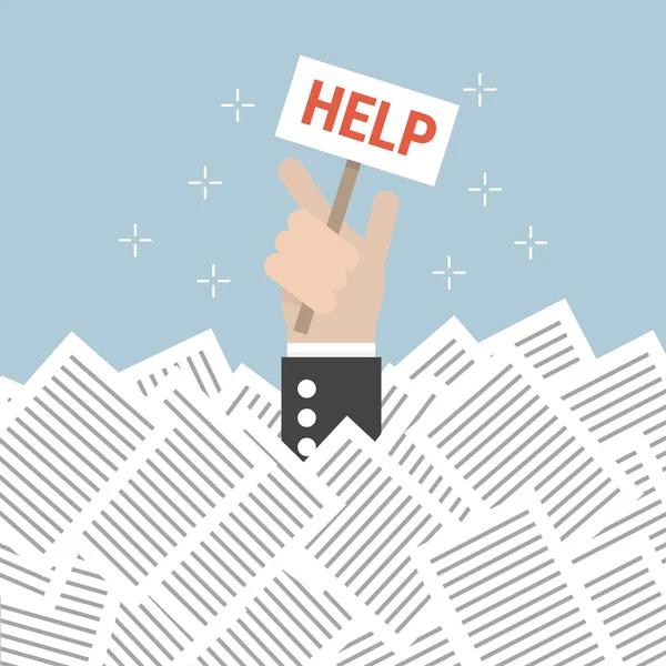 Businessman need help under a lot of white paper, flat design — Stock Vector