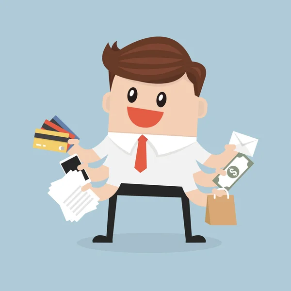 Multitasking zakenman en conceptontwerp winkelen. — Stockvector