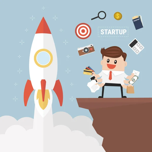 Startup Business. Empresário e um foguetão. Negócios de design plano —  Vetores de Stock