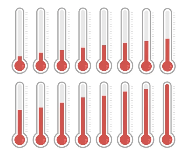 Ilustración de termómetros rojos con diferentes niveles, orzuelos planos — Archivo Imágenes Vectoriales