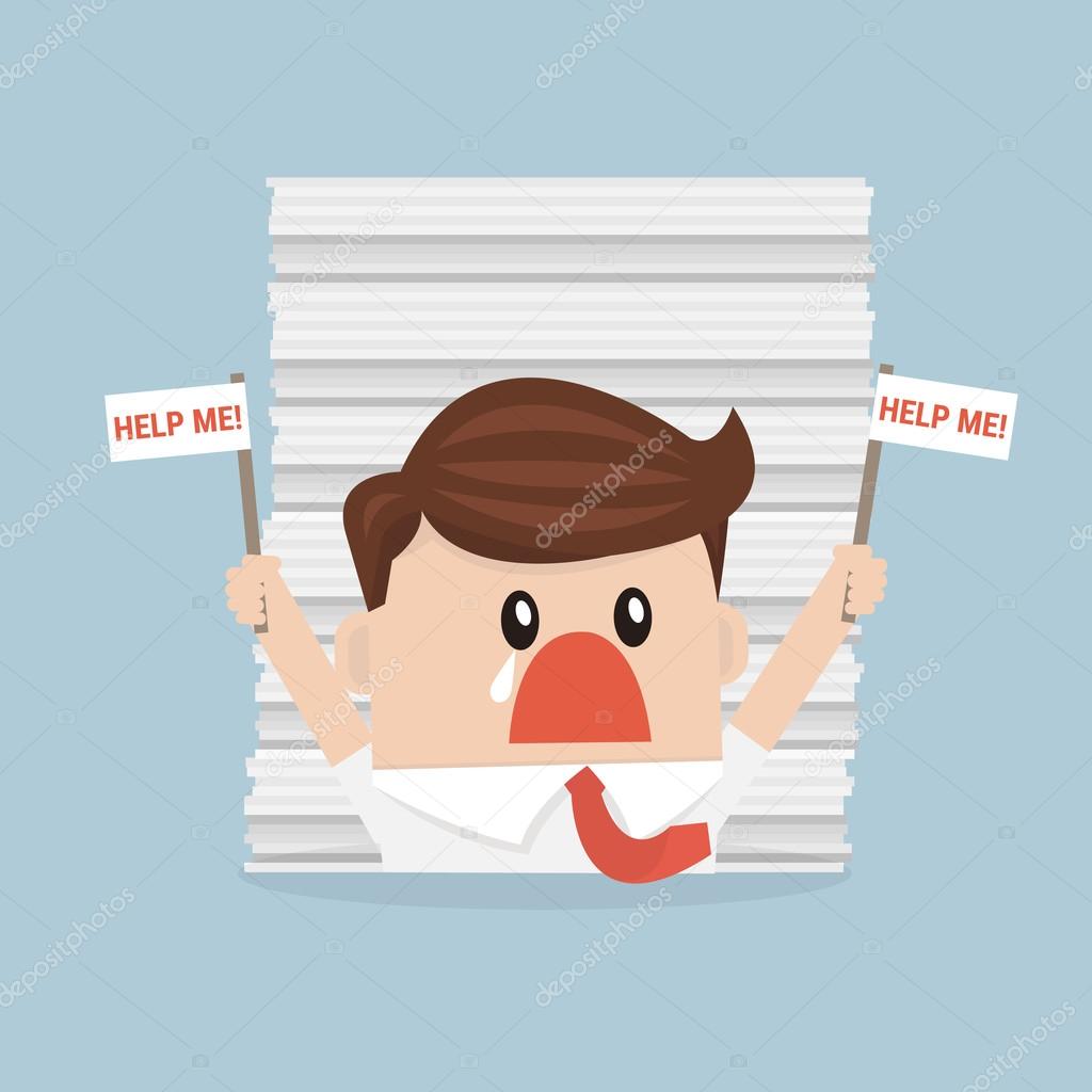 Businessman under the stack of paper, flat design, work concept