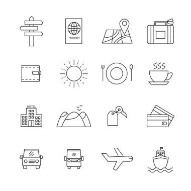 Trendy lineer tarzda seyahat ve Turizm Icon set
