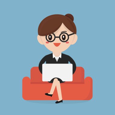 İş kadını kanepede dizüstü bilgisayar ile. düz tasarım. v