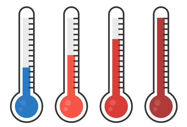 Illustratie van rode thermometers met verschillende niveaus, platte stal — Stockvector