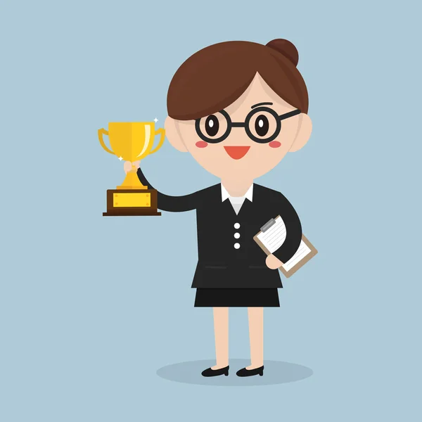 Business concept, business woman holding trophy. — Stock Vector