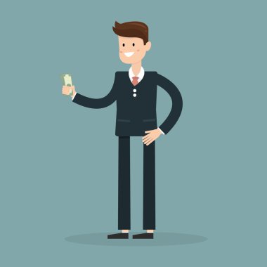 İşadamı elinde para tutar. Karikatür Vektör İllüstrasyon.