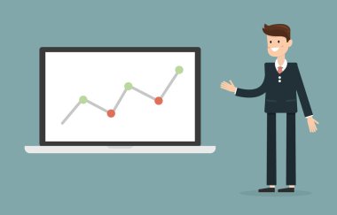Grafik içinde laptop gösteren işadamı