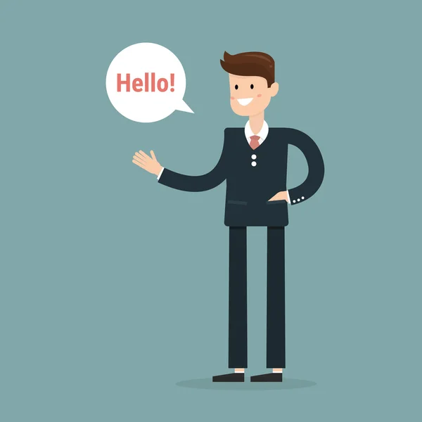 Successful young businessman character saying hello with speech — Stock Vector