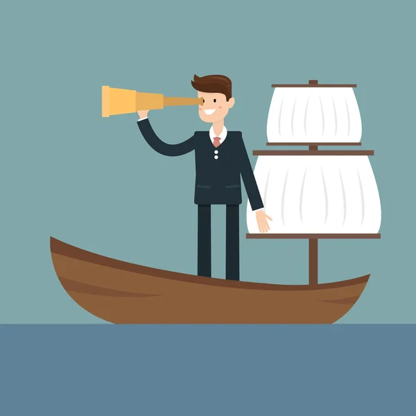 Visión de liderazgo - Empresario con un catalejo en un barco — Vector de stock