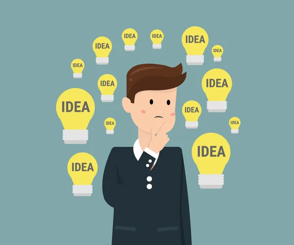 Dilema podnikatele. Myšlení člověka s myšlenkou žárovky. — Stockový vektor