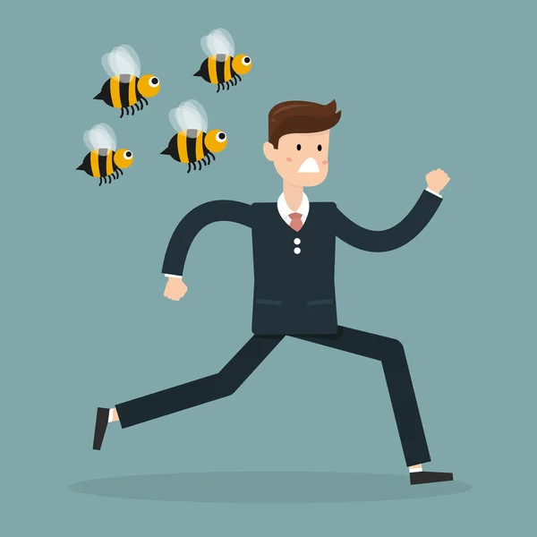 Cartoon businessman was attacked by swarm of angry wild bees and — Stock Vector