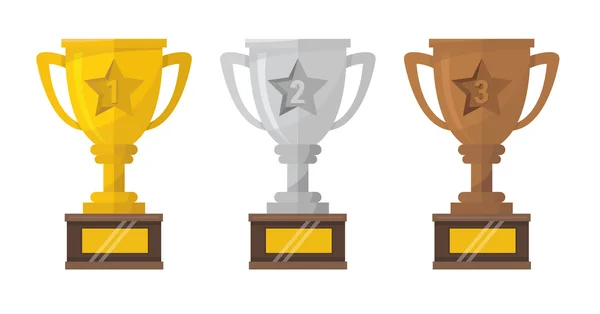 Gold, Silver e Bronze Trophy Cup sul podio dei premi. Primo posto — Vettoriale Stock