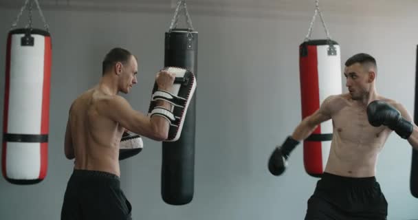 Kickboxer gör roundhouse sparka i slow motion, kickboxare tränar i gymmet, 4k 120fps Prores HQ — Stockvideo