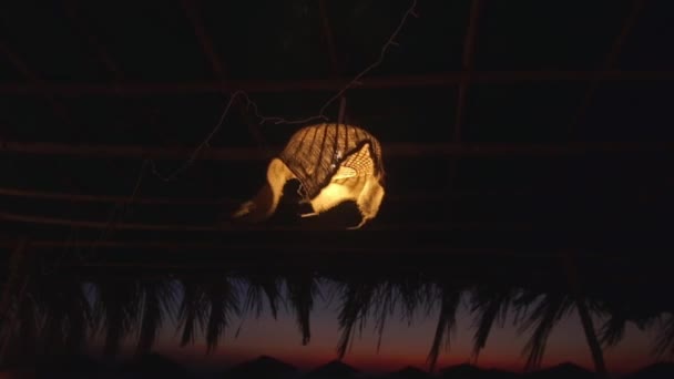 La lámpara se balancea en el viento en un pequeño café en la playa después del atardecer — Vídeos de Stock