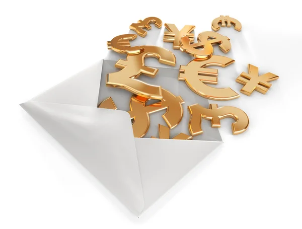 3D-Währungssymbole im Umschlag. — Stockfoto