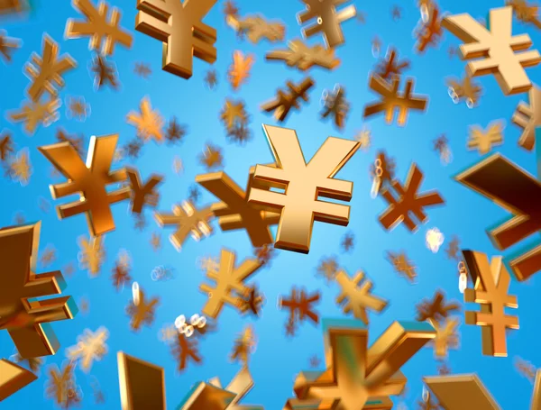 Golden renminbi signs raining. — Stock Photo, Image