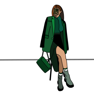 Yeşilin tonlarında bir kadının moda çizimi. Elbise giymiş bir modelin stilistik çizimi..