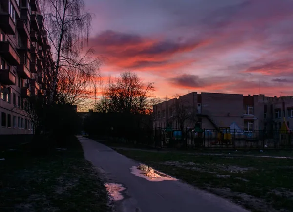 Colorful Sunrise Snowless Winter Morning City — Stock Photo, Image