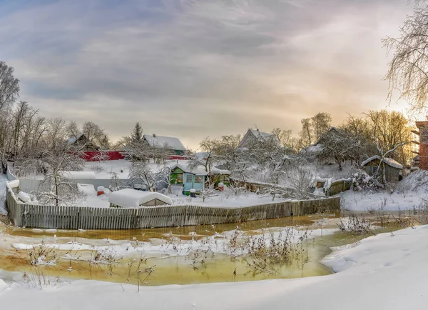 Die Flut Des Kortschminski Baches Mitten Winter Dorf Sapernoje Leningrader — Stockfoto