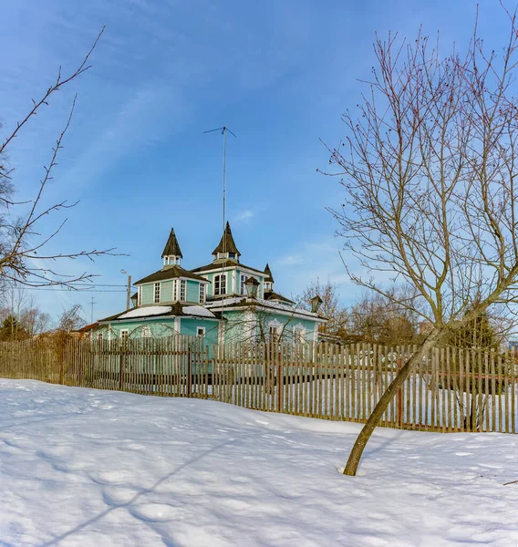 Сільський Пейзаж Дерев Яними Будинками Взимку — стокове фото