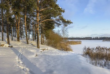 Tuğla fabrikasının eski bir taş ocağının kıyısında kış akşamı. 