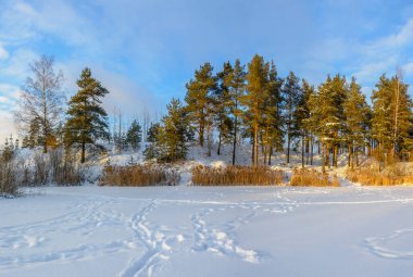 Tuğla fabrikasının eski bir taş ocağının kıyısında kış akşamı. 