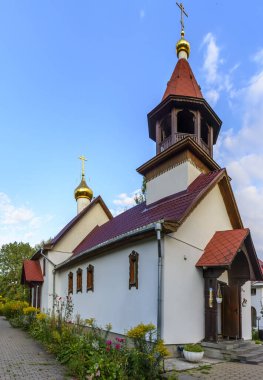 Minsk, Pobediteley Caddesi, 82 numara. Beyaz Rusya. 2 Ağustos 2019. Krupetsky Kilisesi. Tanrı 'nın annesi.. 