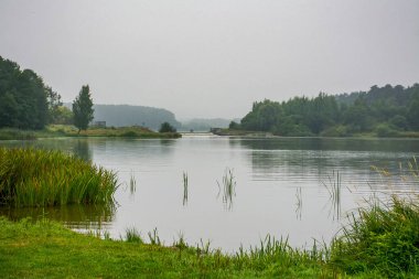 Svisloch Nehri 'ndeki rezervuar, Minsk, Belarus. 8 Ağustos 2019. Rezervuarda sisli bir sabah. 