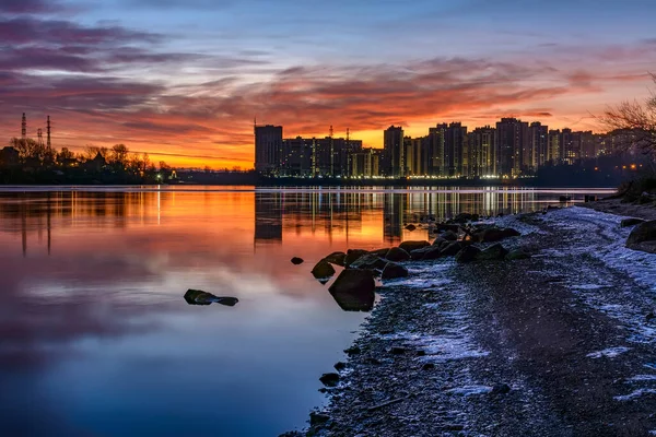 Bright December Dawn Neva River Rybatskoye District Petersburg Russia — Stock Photo, Image