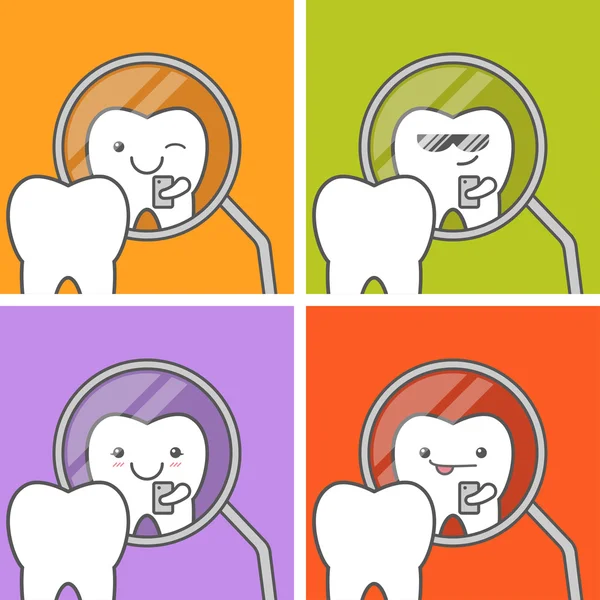 Зуб делает селфи у зубного зеркала . — стоковый вектор