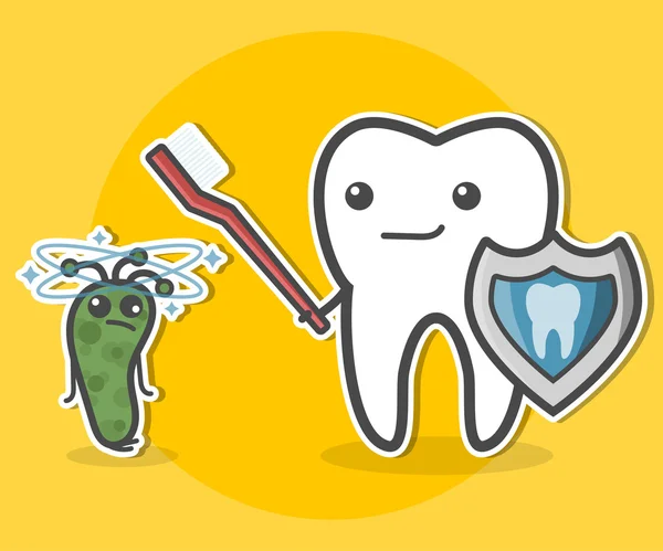 Diente con cepillo de dientes y bacteria . — Vector de stock