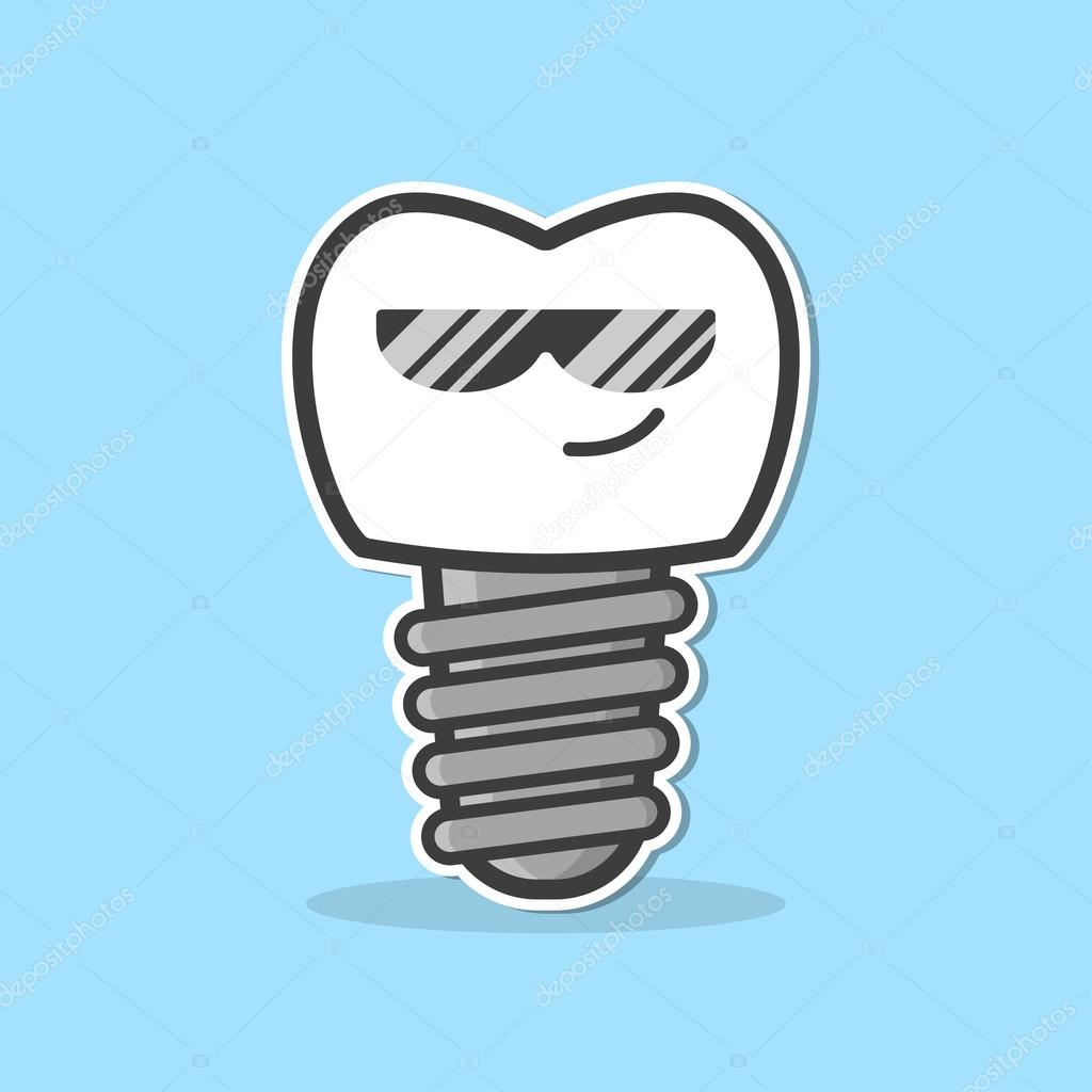 Cartoon dental implant. Smiling tooth implant in sunglasses. Funny vector illustration