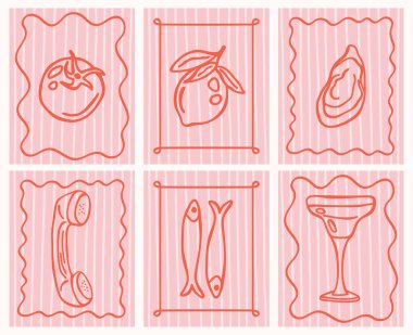 Domates, limon, istiridye, balık, kokteyl ve klasik telefondan oluşan minimal Akdeniz çizimi. Gıda markası, yaşam tarzı tasarımı ya da mutfak dekoru için geçmişe dönük kırmızı çizgi.