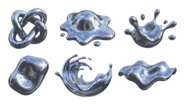 Sıvı krom piksel elementler seti. Yansıtıcı gölgeleri olan erimiş metalik organik şekiller. Parlak Y2K damlaları ve damlaları.