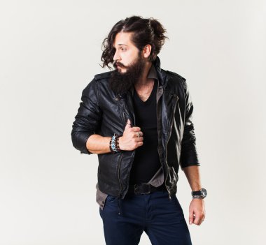 young guy in a black leather jacket