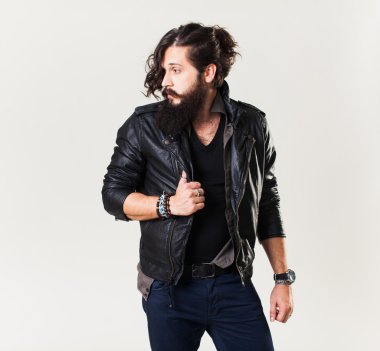 young guy in a black leather jacket