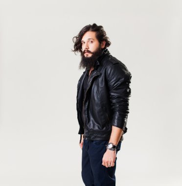 young guy in a black leather jacket