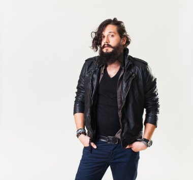 young guy in a black leather jacket